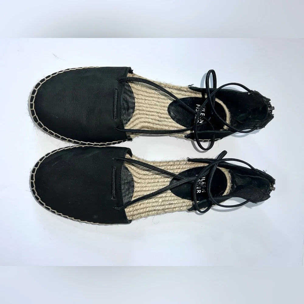 Eileen Fisher Sandal‎ Elastic Lace Up Espadrille Women Shoe Black Leather Sz 6